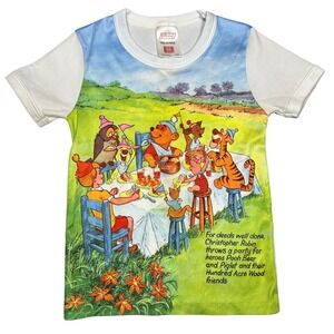 RARE 70s VTG St Michael Winnie the Pooh AOP T-Shirt Kids 5-6 Hundred Acre Wood